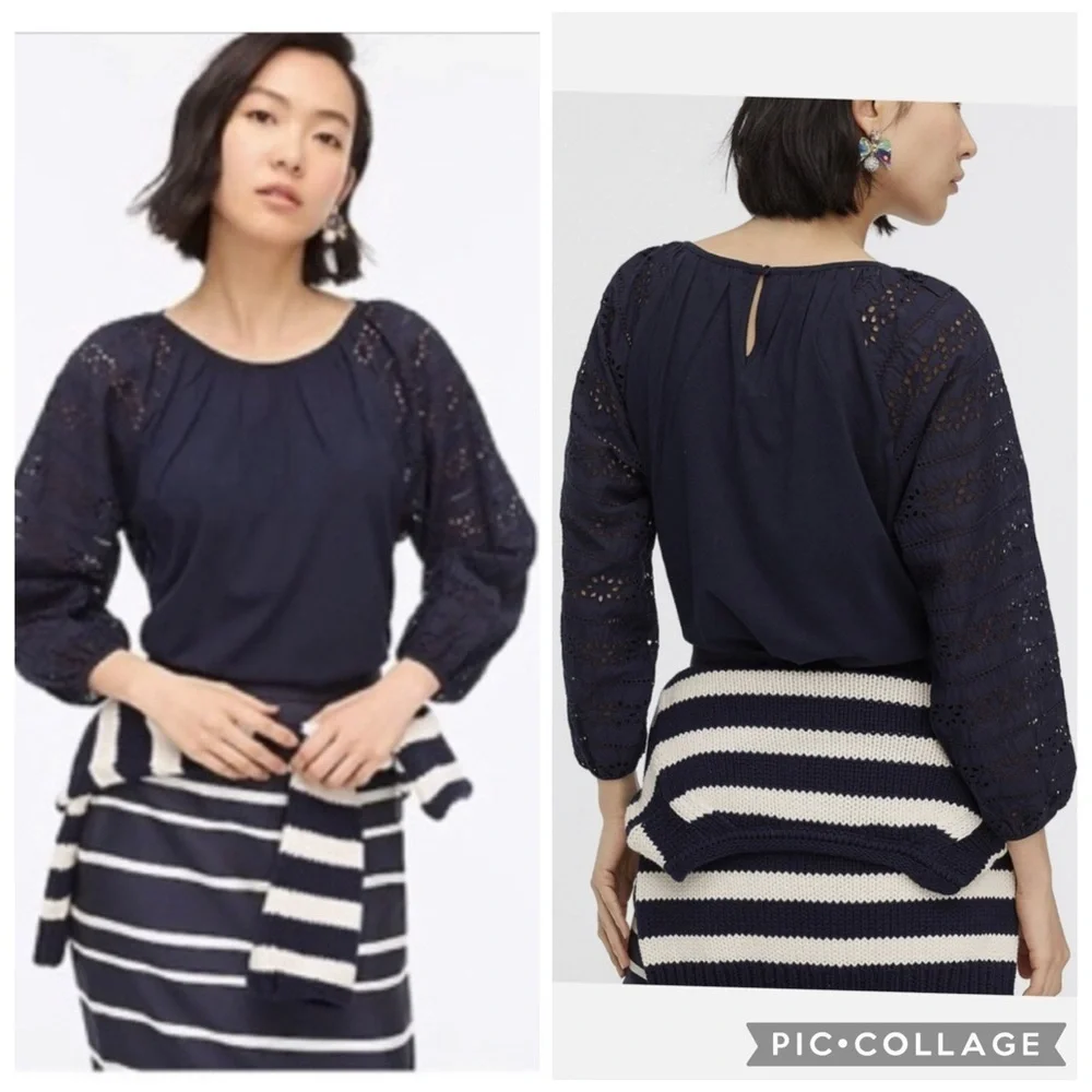 J. Crew Eyelet Navy 3/4 Sleeve Top Size Small